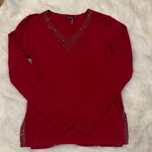 Elegant V-Neck Red light weight Sweater with Embellished Neckline